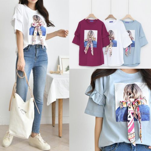 리본머리 소녀 반소매 프릴 티셔츠