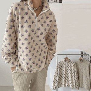 린드 루즈핏 꽃무늬 나염 플라워 속기모 하이넥 집업 맨투맨 티셔츠